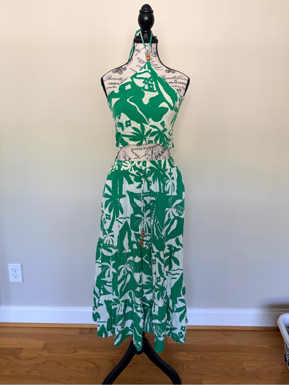 Rose & Olive Green and White Tropical Halter Maxi
